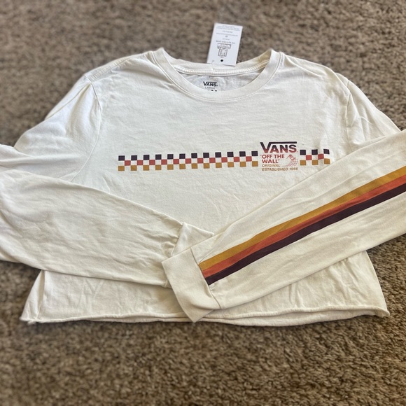 Vans Cropped Long Sleeve Cream Shirt with Checkered Stripe - Picture 1 of 6